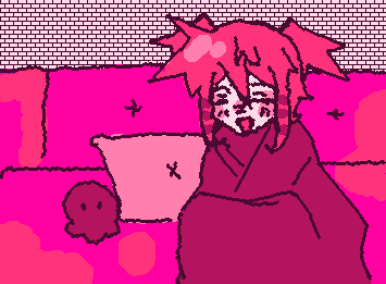 @linzyluvsunicorns's OC in the pink color palette! She's all cuddled up and probably watching movies. :)