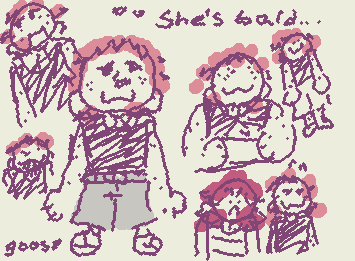 at some point madlyn shaved her head and was bald. here's some stupid doodles that cos art block..