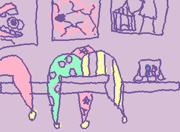 "His rooms shelf, where he keeps memories and trophies. The mirror in the middle is broken. He is upset with what he has become and doesn't know who he is."