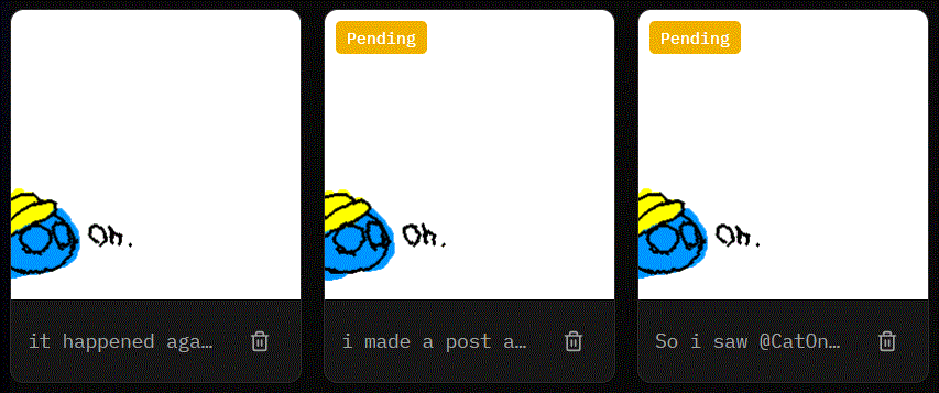 so uh, apparently wigglypaint can delete posts. im not even mad im just confused? all of these posts appeared on the explore page and then reverted to "pending"