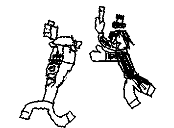 This is Carl (left) being chased by ringmaster Eli (right) because Carl stole suitcat. he does this for his own entertainment (@Eli-draws) (I got lazy)