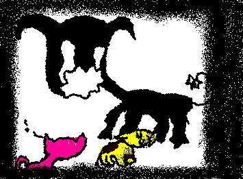 Black cat attacks her Yellow cat friend because him wants to defend Pink cat, and the Yellow cat tries to calm black cat down.