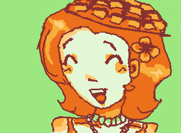 fast redesign of my oc 😊 just change a detail on the hair and put a flower and the hat is now like a mango and the shirt is now orange with yellow dots :33