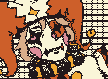 my TFC oc Brighella (lanky orange bastard) bc i have an insatiable desire to create clown and jester characters