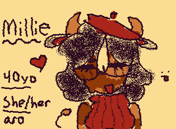 an old oc of mine, millie!! ^_^ (srry for lack of art 2day ive been playing geometry dash </33)
